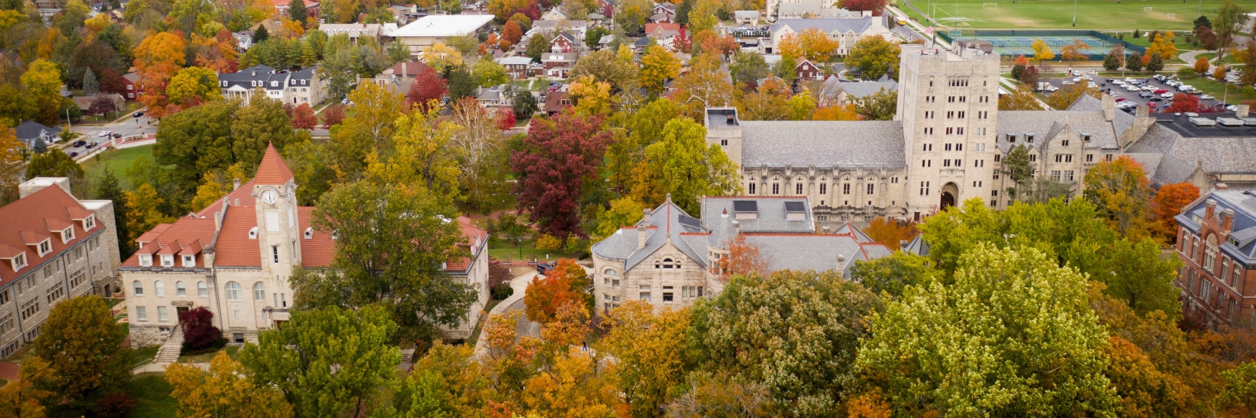 An aerial view of IU Bloomington's campus in the fall