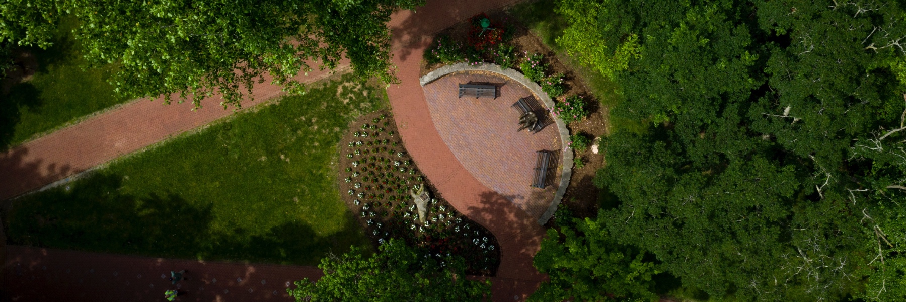 An aerial shot of brick walking paths on IU Bloomington's campus