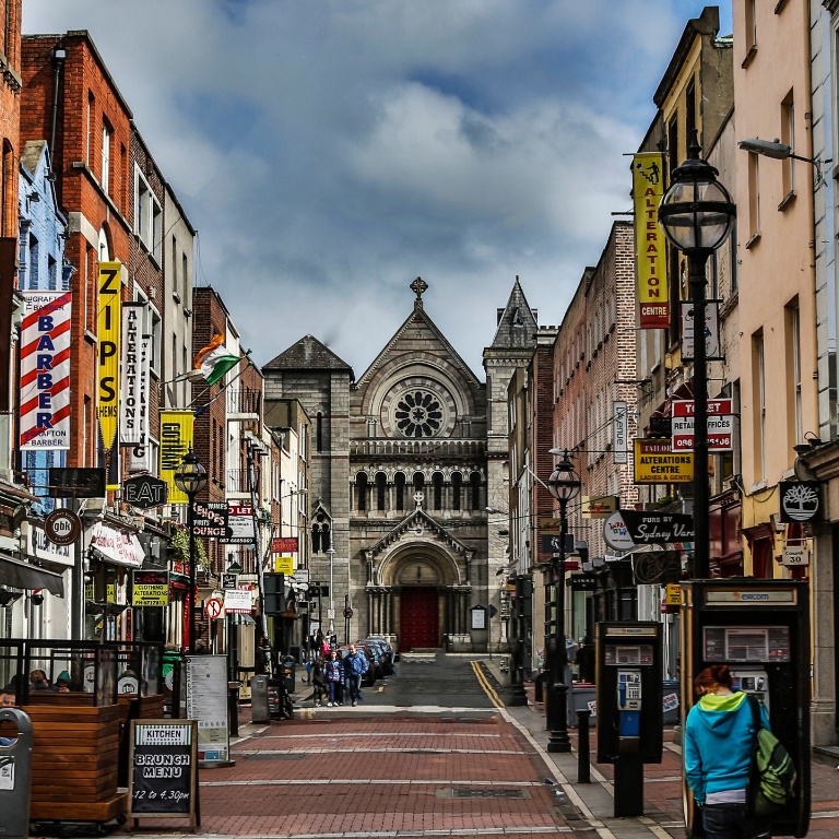 A city street in Dublin, Ireland, photographed at eye level.