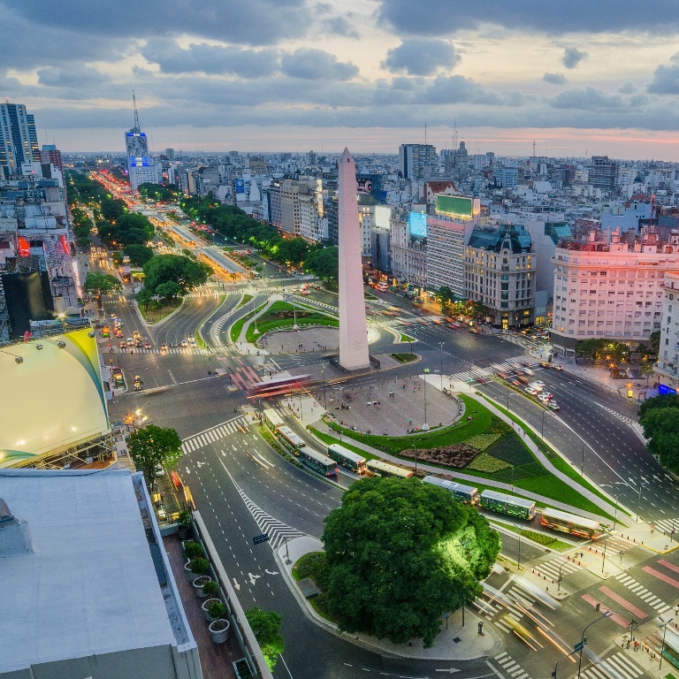 Overhead shot of a downtown roadway in the city of Buenos Aires, Argentina.