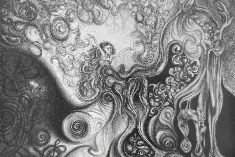 Graphite drawing by Melody Reyes titled Cave in. The background is covered with dramatic swirls and a female figure with arms outstretched and long swirling hair is reaching out from behind swirls in the center of the drawing. A winged figure looks down from the top right and a limp human form is draped in the bottom right. A floating human head is peacefully nestled in the darkness in the far left.