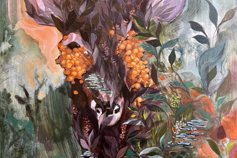 Acrylic painting by Wren Spellman titled Youth. plants and organic structures in a somewhat abstract composition. The colors are black and white, with bunches of bright orange-yellow berry-like structures, green leaves and animal forms, and touches of deep orange and light purple.