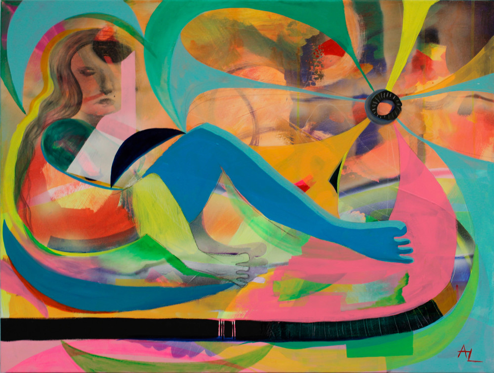 Paint on canvas by Allison Lantz titled Wondering in Chaos. This vibrant image shows a reclining figure surrounded by swirling colors of blue, pink, green, and yellow. The person's body is also painted in similar shades.