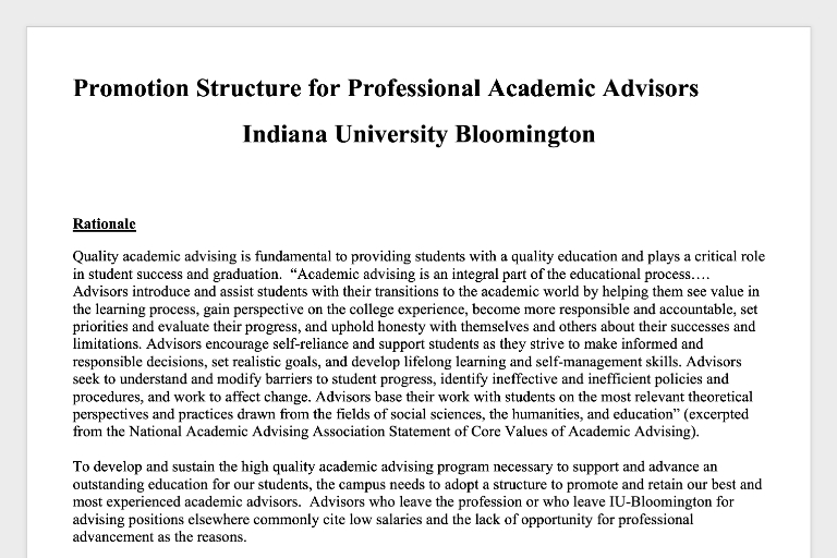 Promotion structure document for the Academic Advisor promotion process at IU Bloomington.